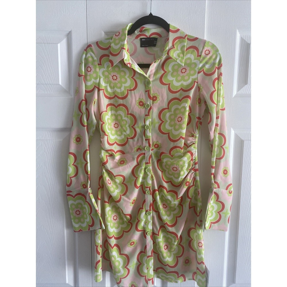 ASOS Floral Ruched Mini Shirt Dress Womens 4 Pink Green Retro 70s Y2K Crepe